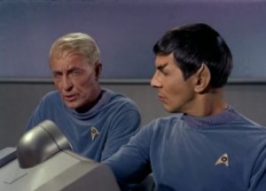 Image of John Hoyt (l) and Leonard Nimoy (r) in a scene from the pilot episode of Star Trek